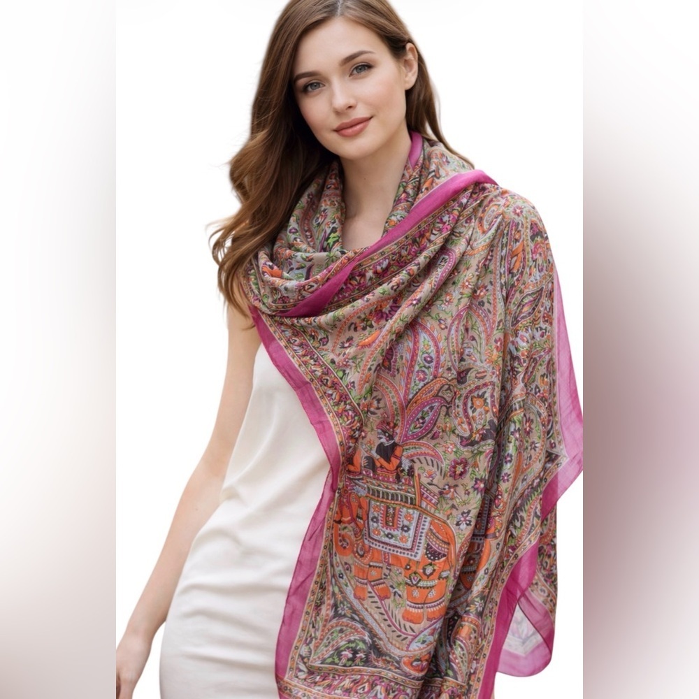 PASHTUSH 100% PURE SILK SCARF PAISLEY & ELEPHANT PRINT MULTICOLOR FUCCIA